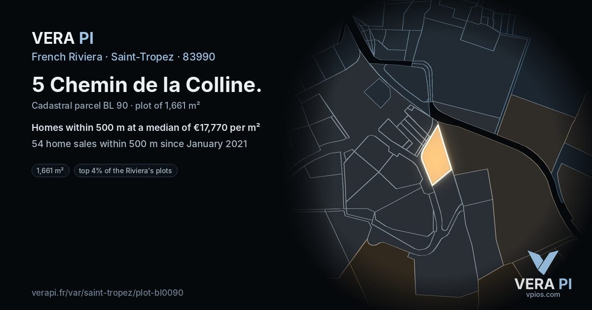 5 Chemin de la Colline, Saint-Tropez at night – the plot lit, the parcels around coloured by the prices near them