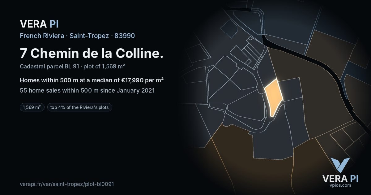7 Chemin de la Colline, Saint-Tropez at night – the plot lit, the parcels around coloured by the prices near them