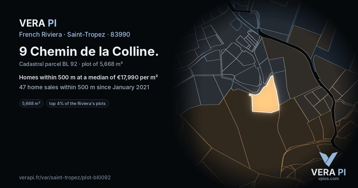 9 Chemin de la Colline, Saint-Tropez at night – the plot lit, the parcels around coloured by the prices near them