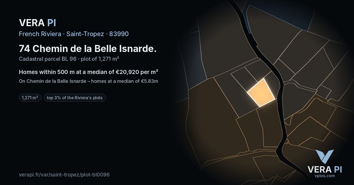 74 Chemin de la Belle Isnarde, Saint-Tropez at night – the plot lit, the parcels around coloured by the prices near them