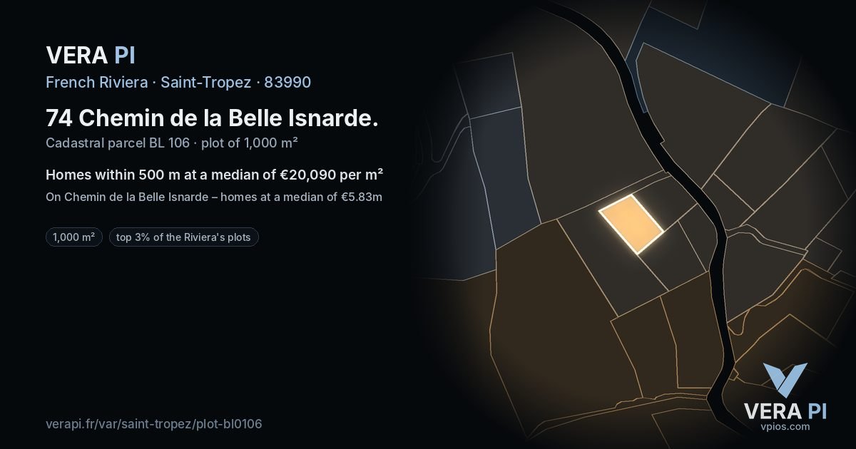 74 Chemin de la Belle Isnarde, Saint-Tropez at night – the plot lit, the parcels around coloured by the prices near them