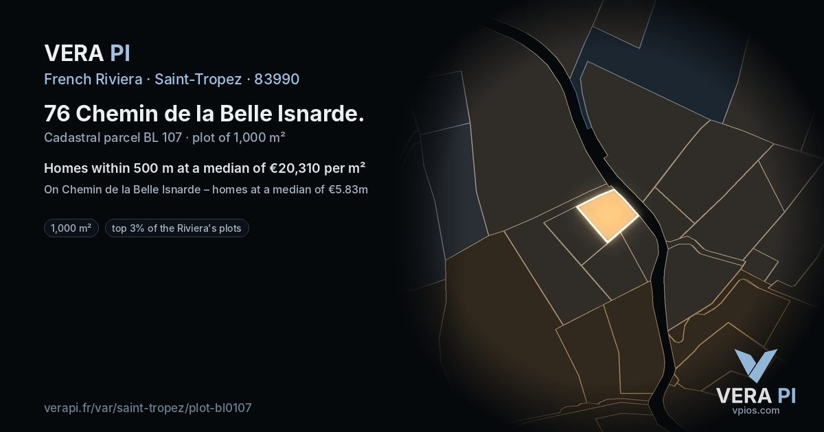 76 Chemin de la Belle Isnarde, Saint-Tropez at night – the plot lit, the parcels around coloured by the prices near them