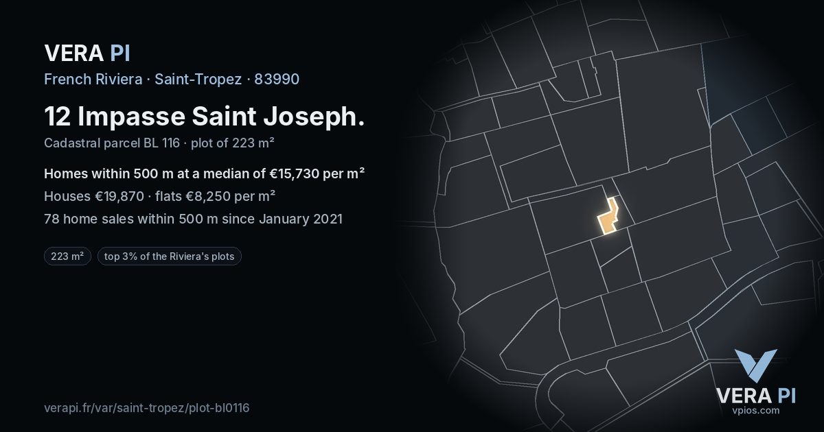 12 Impasse Saint Joseph, Saint-Tropez at night – the plot lit, the parcels around coloured by the prices near them