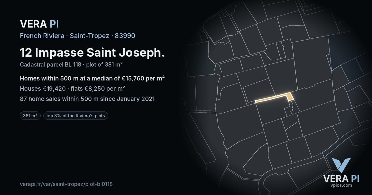 12 Impasse Saint Joseph, Saint-Tropez at night – the plot lit, the parcels around coloured by the prices near them