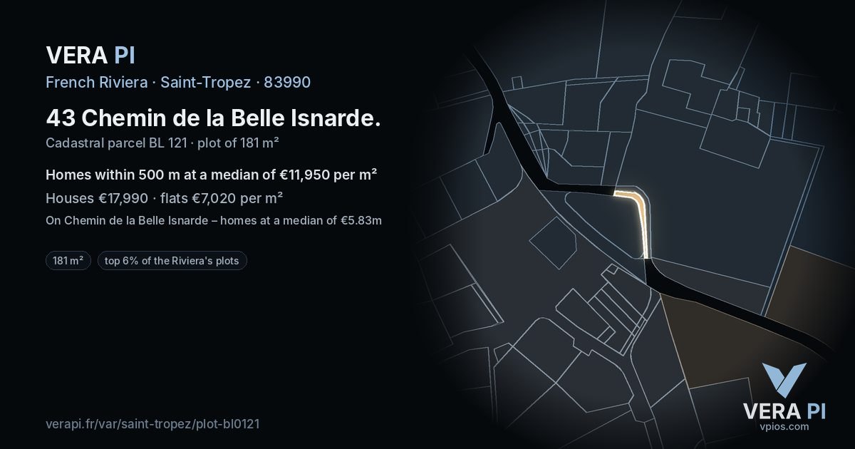 43 Chemin de la Belle Isnarde, Saint-Tropez at night – the plot lit, the parcels around coloured by the prices near them