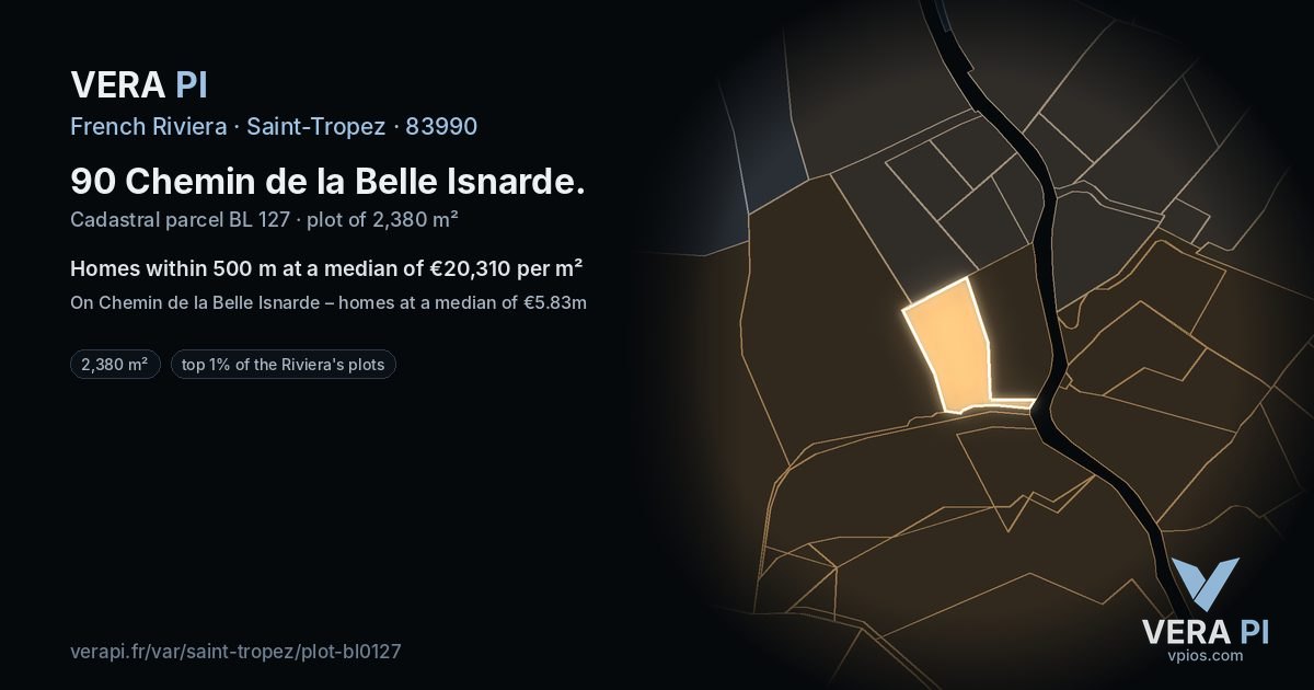 90 Chemin de la Belle Isnarde, Saint-Tropez at night – the plot lit, the parcels around coloured by the prices near them