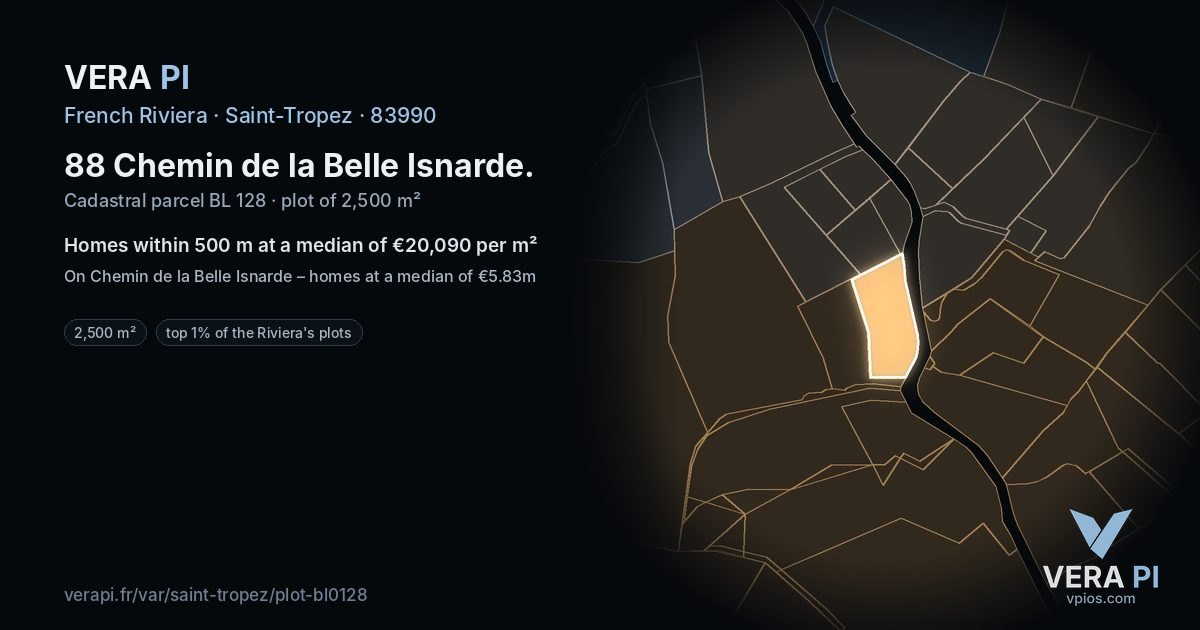 88 Chemin de la Belle Isnarde, Saint-Tropez at night – the plot lit, the parcels around coloured by the prices near them