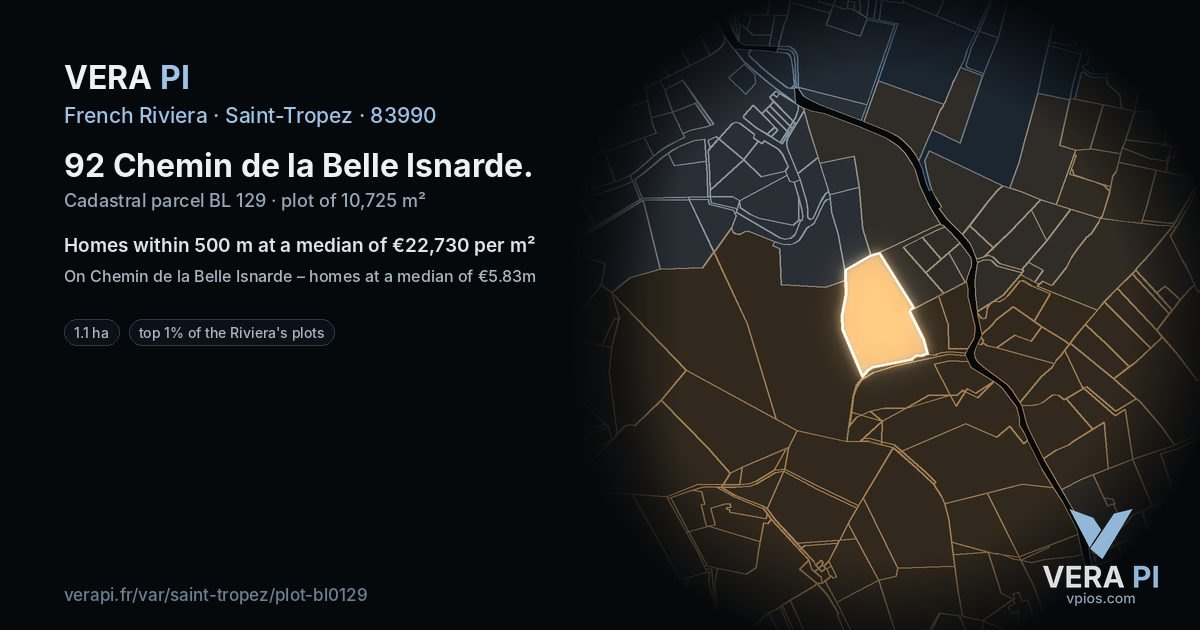 92 Chemin de la Belle Isnarde, Saint-Tropez at night – the plot lit, the parcels around coloured by the prices near them