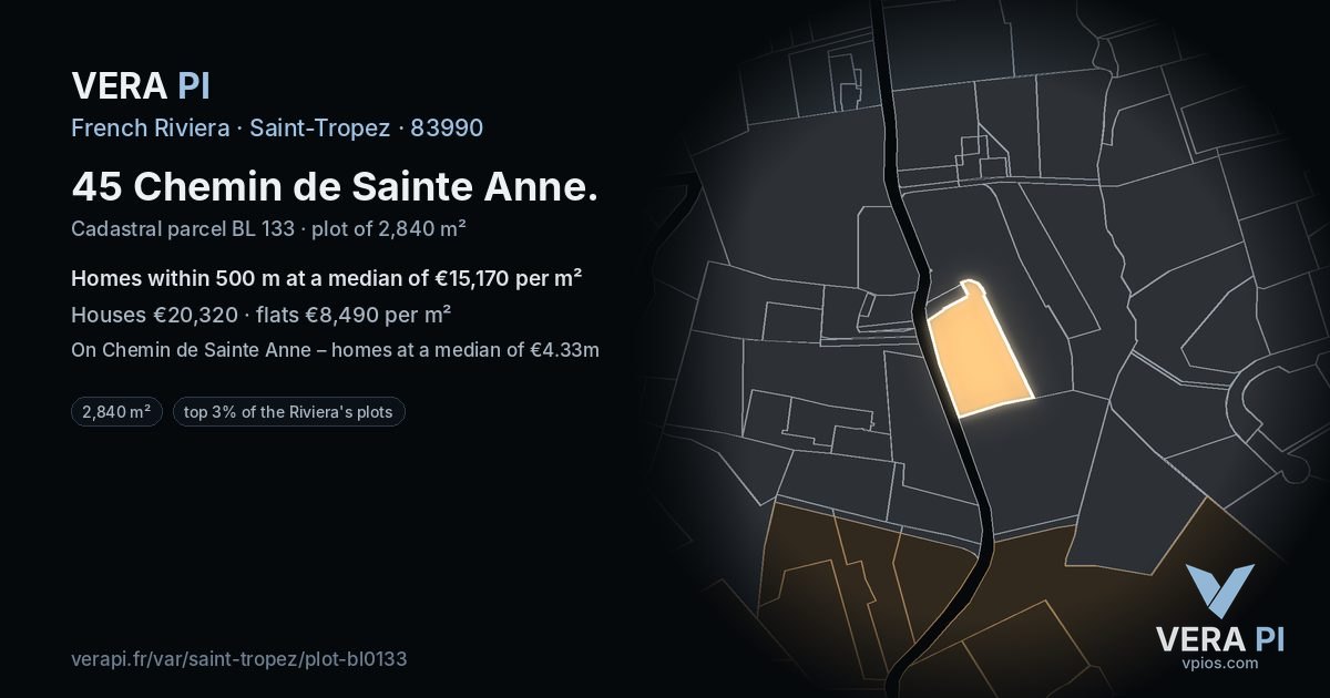 45 Chemin de Sainte Anne, Saint-Tropez at night – the plot lit, the parcels around coloured by the prices near them