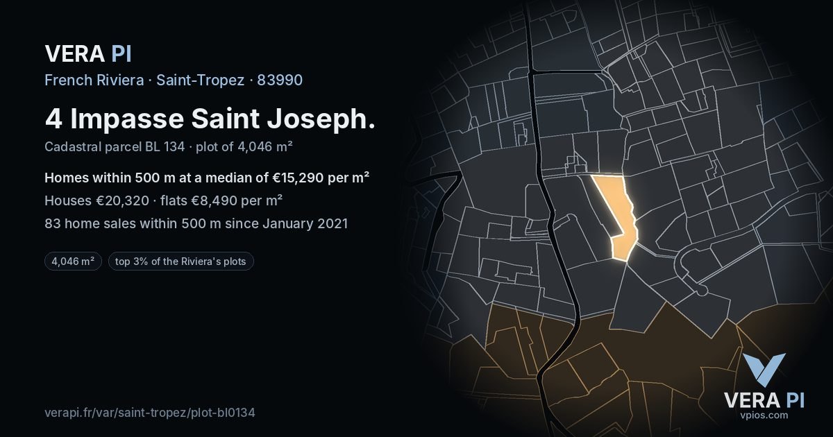 4 Impasse Saint Joseph, Saint-Tropez at night – the plot lit, the parcels around coloured by the prices near them