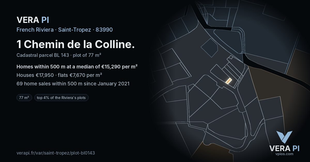 1 Chemin de la Colline, Saint-Tropez at night – the plot lit, the parcels around coloured by the prices near them