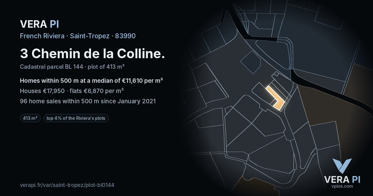 3 Chemin de la Colline, Saint-Tropez at night – the plot lit, the parcels around coloured by the prices near them