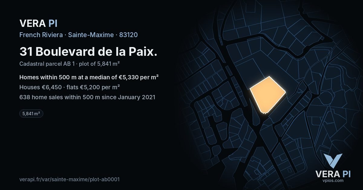 31 Boulevard de la Paix, Sainte-Maxime at night – the plot lit, the parcels around coloured by the prices near them