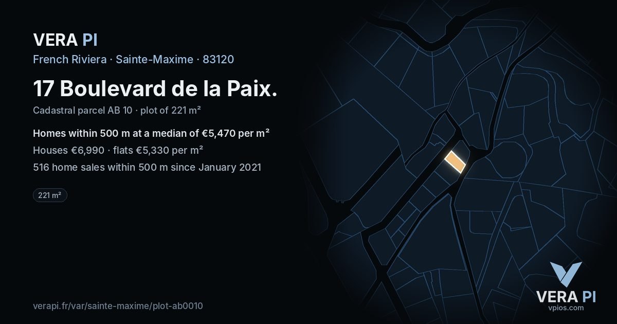 17 Boulevard de la Paix, Sainte-Maxime at night – the plot lit, the parcels around coloured by the prices near them