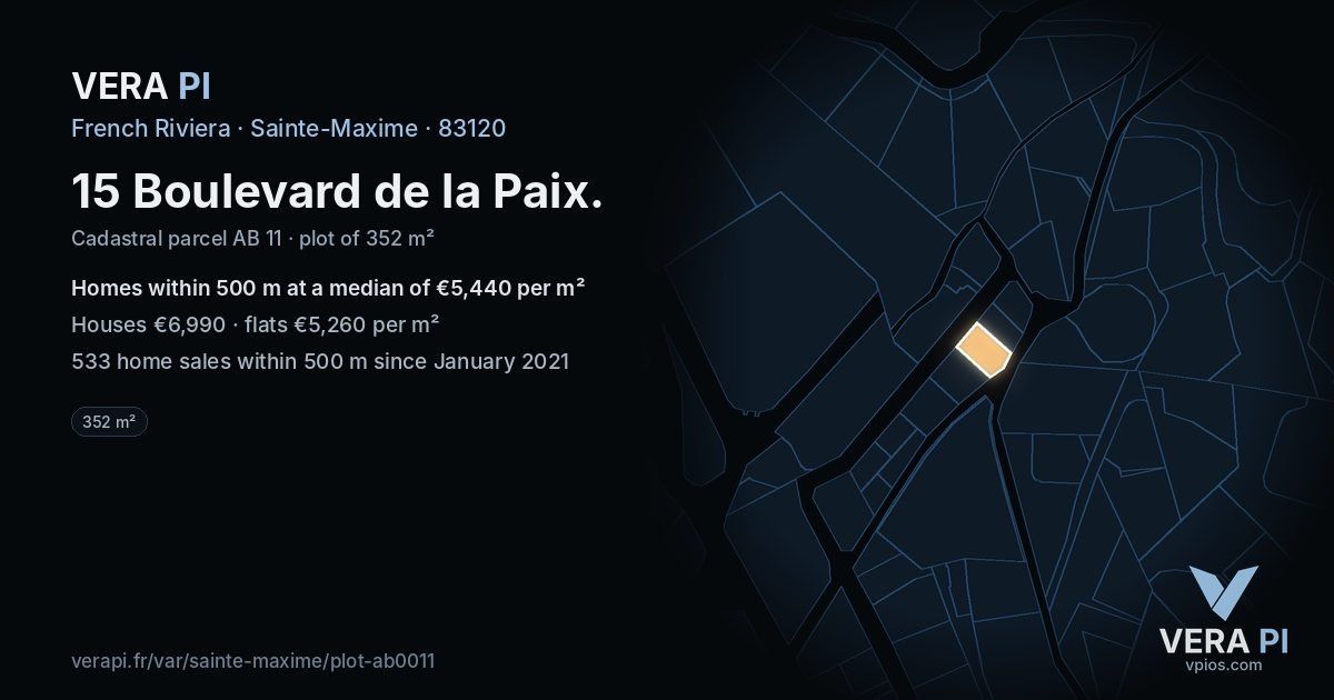15 Boulevard de la Paix, Sainte-Maxime at night – the plot lit, the parcels around coloured by the prices near them