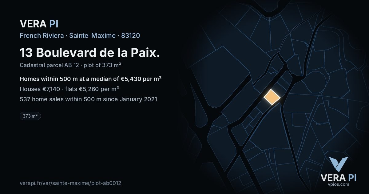 13 Boulevard de la Paix, Sainte-Maxime at night – the plot lit, the parcels around coloured by the prices near them