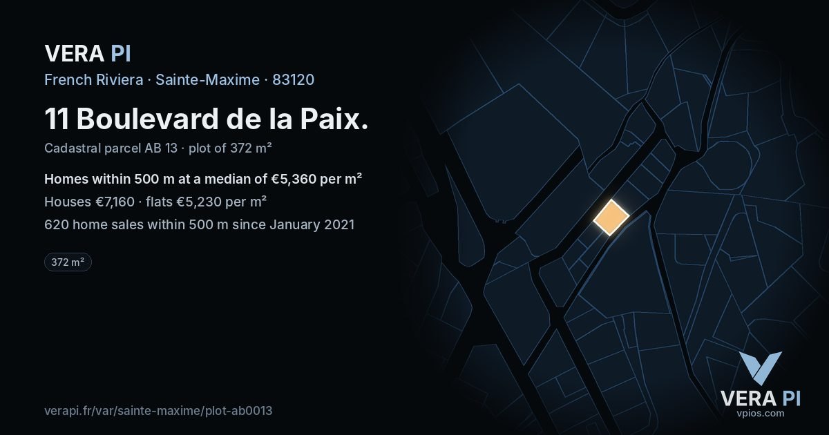 11 Boulevard de la Paix, Sainte-Maxime at night – the plot lit, the parcels around coloured by the prices near them