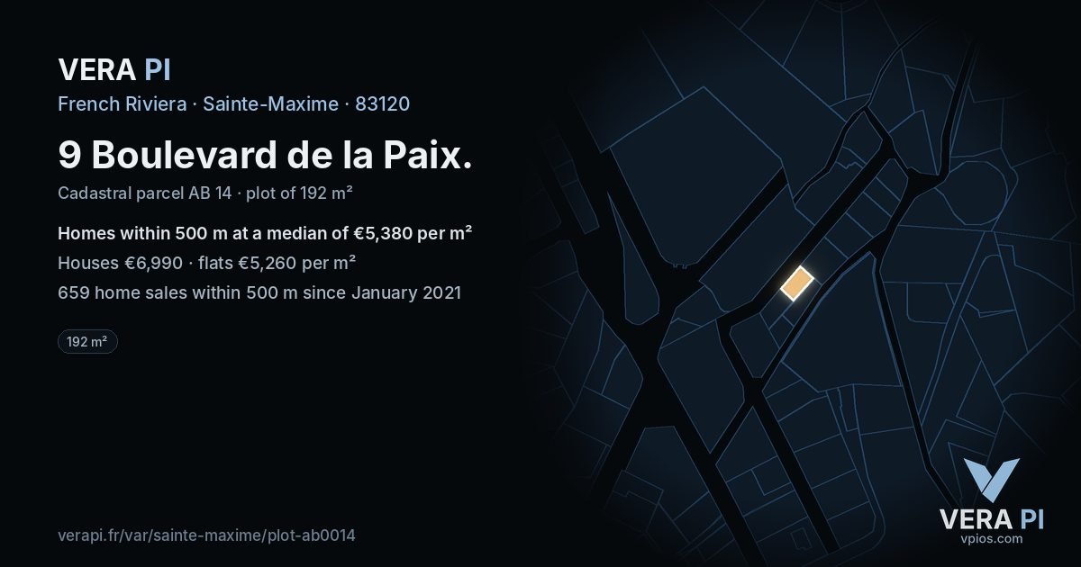 9 Boulevard de la Paix, Sainte-Maxime at night – the plot lit, the parcels around coloured by the prices near them