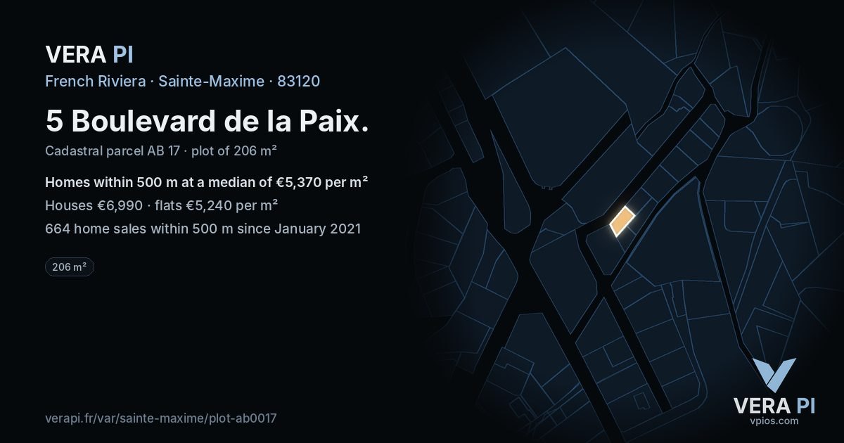 5 Boulevard de la Paix, Sainte-Maxime at night – the plot lit, the parcels around coloured by the prices near them