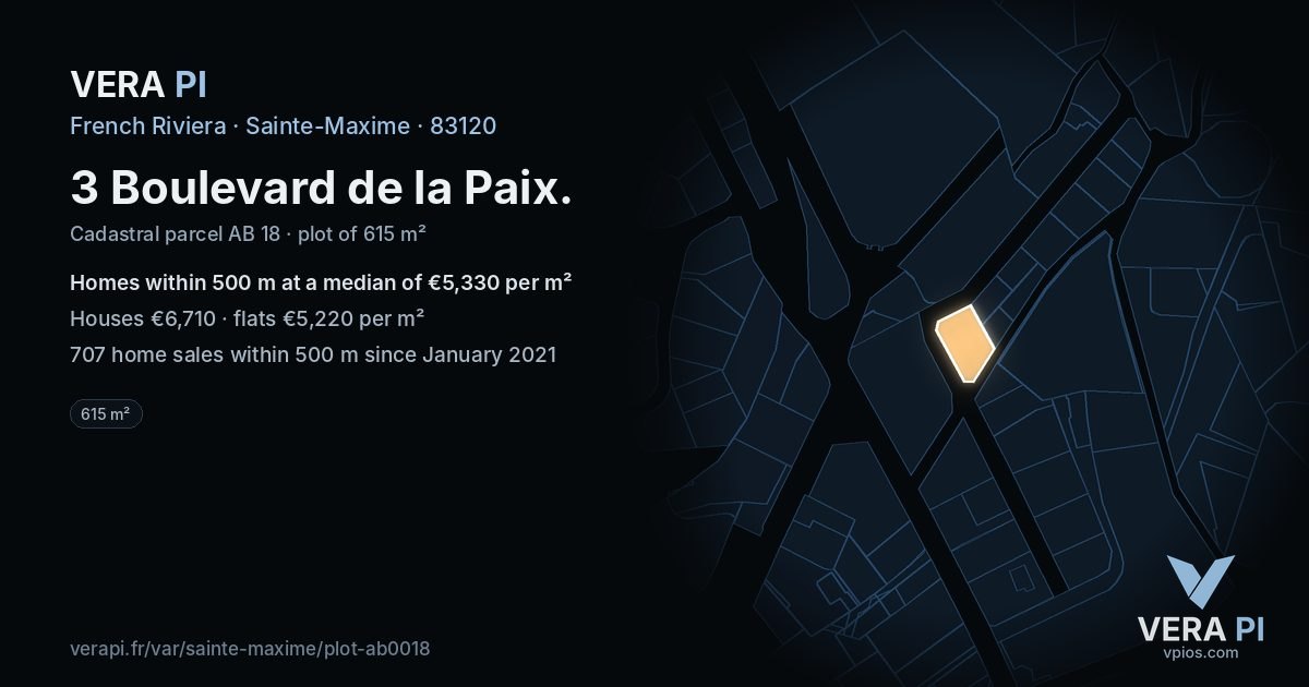 3 Boulevard de la Paix, Sainte-Maxime at night – the plot lit, the parcels around coloured by the prices near them