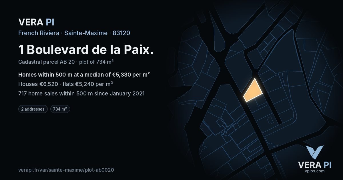 1 Boulevard de la Paix, Sainte-Maxime at night – the plot lit, the parcels around coloured by the prices near them