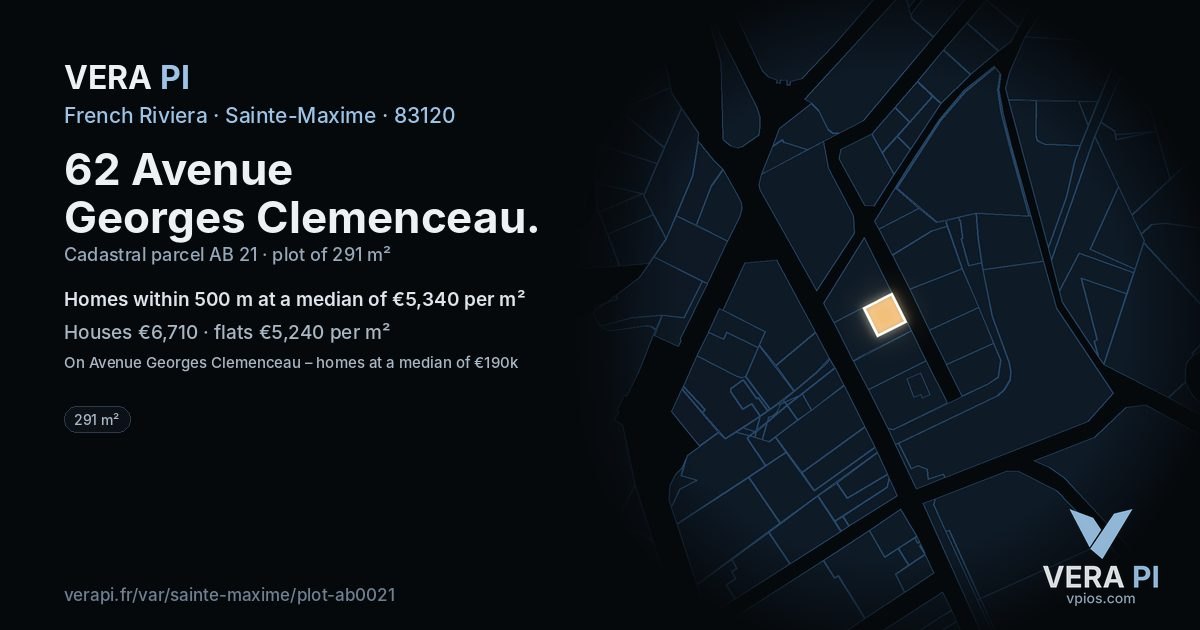 62 Avenue Georges Clemenceau, Sainte-Maxime at night – the plot lit, the parcels around coloured by the prices near them
