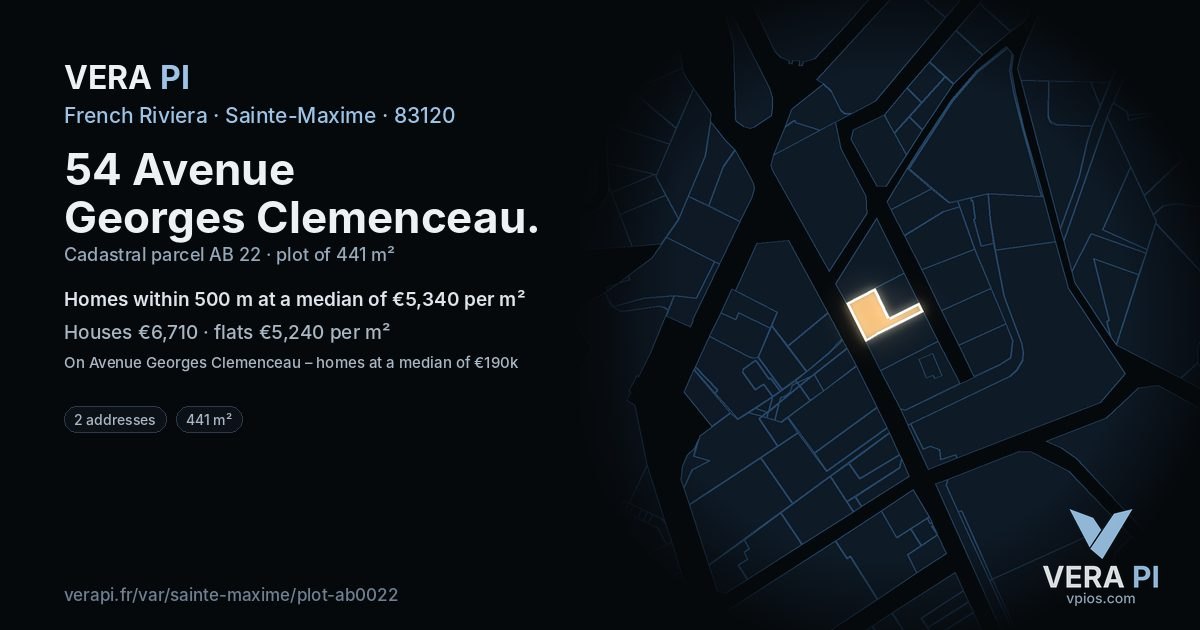 54 Avenue Georges Clemenceau, Sainte-Maxime at night – the plot lit, the parcels around coloured by the prices near them
