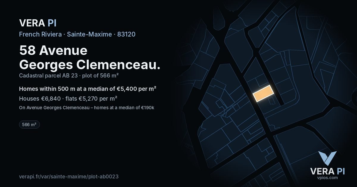 58 Avenue Georges Clemenceau, Sainte-Maxime at night – the plot lit, the parcels around coloured by the prices near them