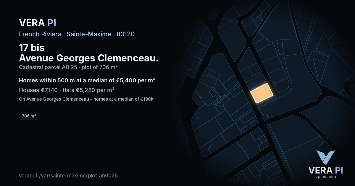 17 bis Avenue Georges Clemenceau, Sainte-Maxime at night – the plot lit, the parcels around coloured by the prices near them