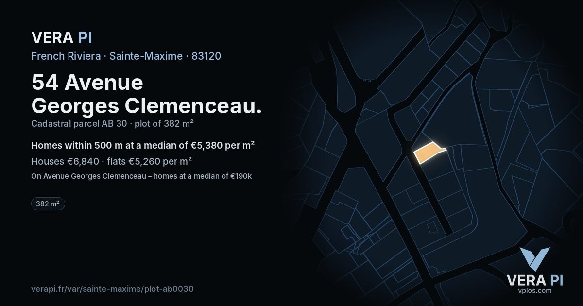 54 Avenue Georges Clemenceau, Sainte-Maxime at night – the plot lit, the parcels around coloured by the prices near them
