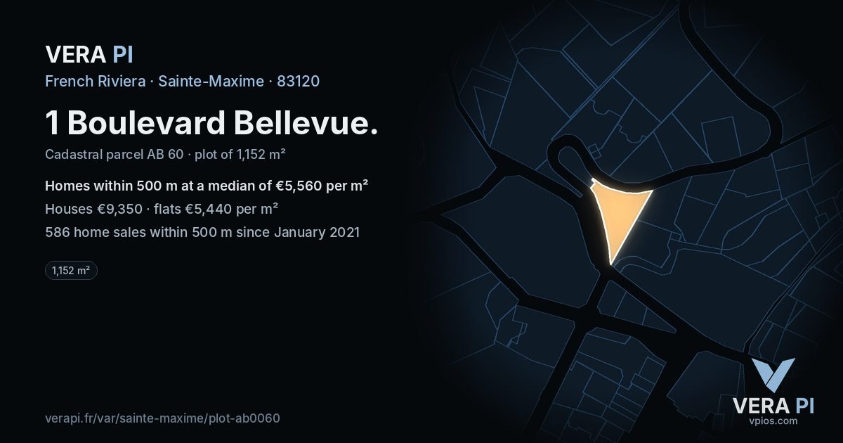 1 Boulevard Bellevue, Sainte-Maxime at night – the plot lit, the parcels around coloured by the prices near them