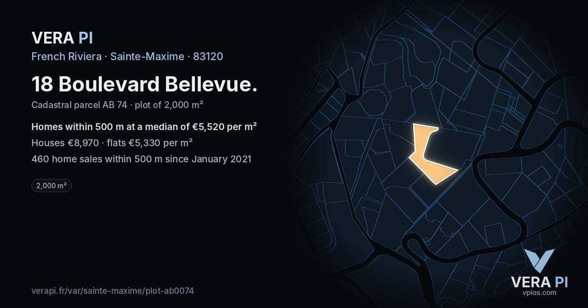 18 Boulevard Bellevue, Sainte-Maxime at night – the plot lit, the parcels around coloured by the prices near them