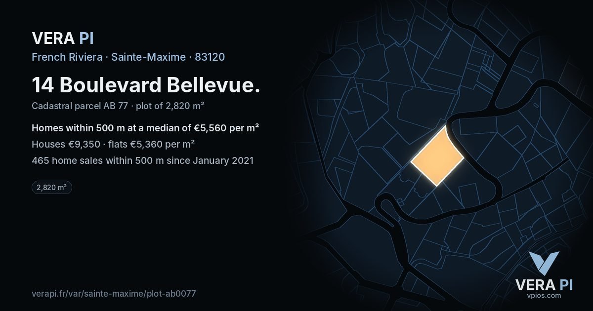 14 Boulevard Bellevue, Sainte-Maxime at night – the plot lit, the parcels around coloured by the prices near them