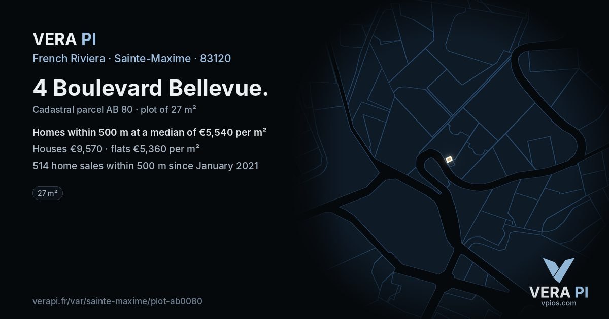 4 Boulevard Bellevue, Sainte-Maxime at night – the plot lit, the parcels around coloured by the prices near them