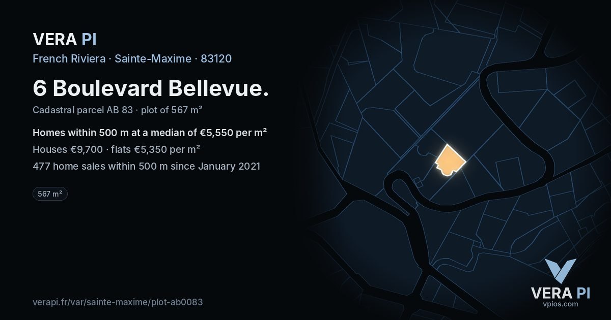 6 Boulevard Bellevue, Sainte-Maxime at night – the plot lit, the parcels around coloured by the prices near them