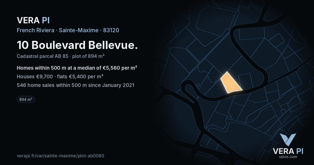 10 Boulevard Bellevue, Sainte-Maxime at night – the plot lit, the parcels around coloured by the prices near them