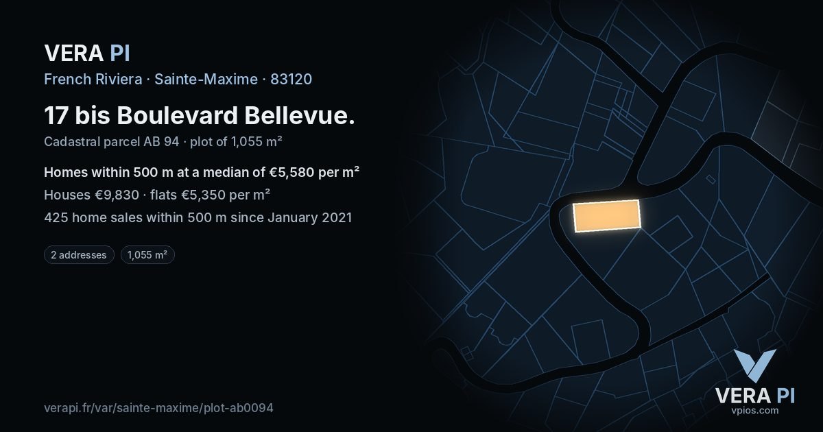 17 bis Boulevard Bellevue, Sainte-Maxime at night – the plot lit, the parcels around coloured by the prices near them
