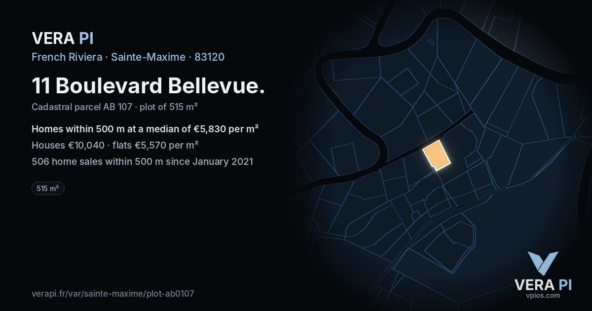 11 Boulevard Bellevue, Sainte-Maxime at night – the plot lit, the parcels around coloured by the prices near them