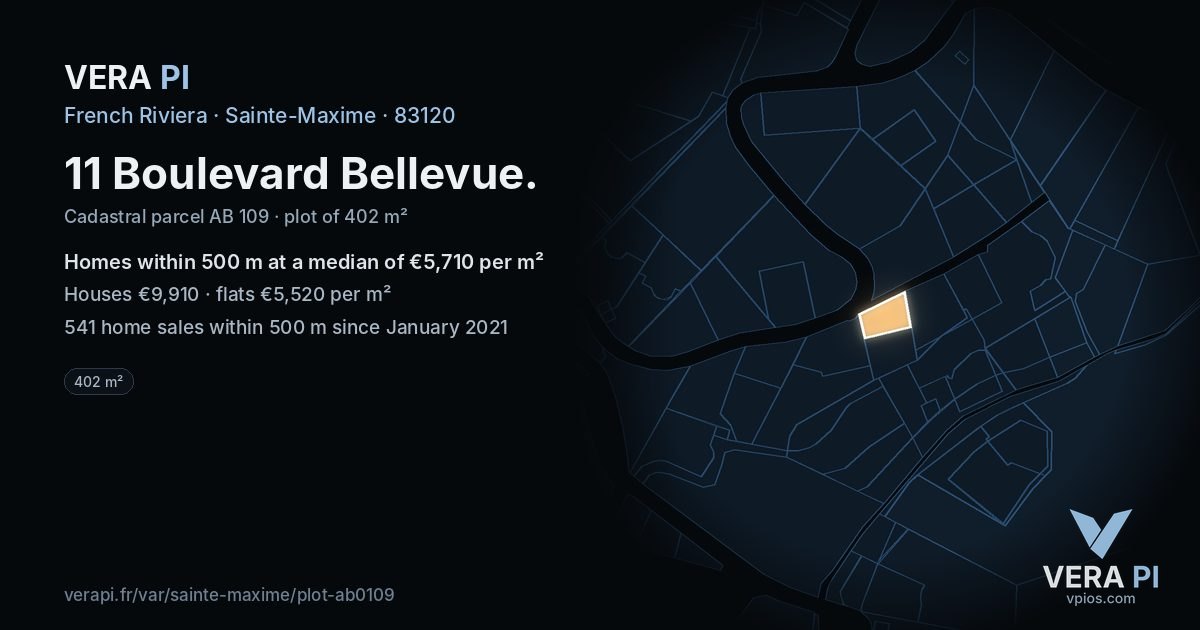 11 Boulevard Bellevue, Sainte-Maxime at night – the plot lit, the parcels around coloured by the prices near them