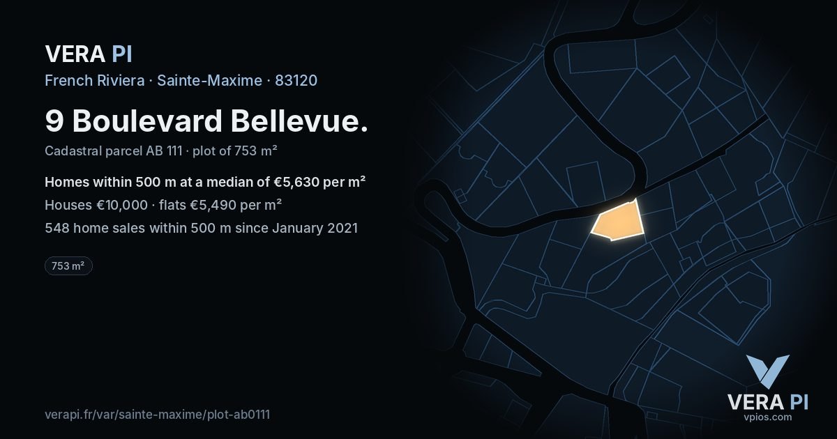 9 Boulevard Bellevue, Sainte-Maxime at night – the plot lit, the parcels around coloured by the prices near them