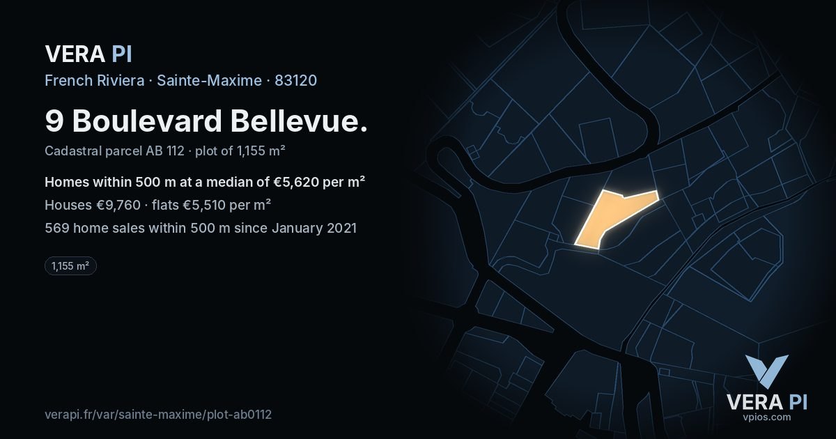 9 Boulevard Bellevue, Sainte-Maxime at night – the plot lit, the parcels around coloured by the prices near them