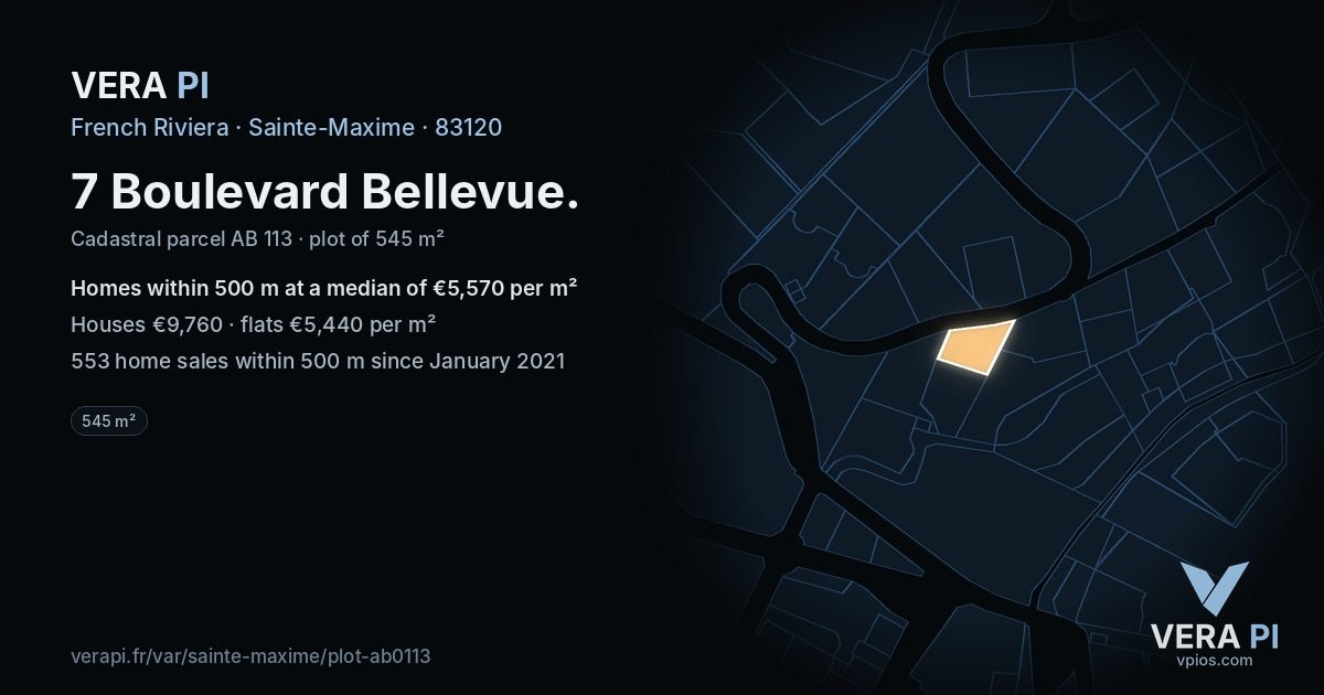 7 Boulevard Bellevue, Sainte-Maxime at night – the plot lit, the parcels around coloured by the prices near them