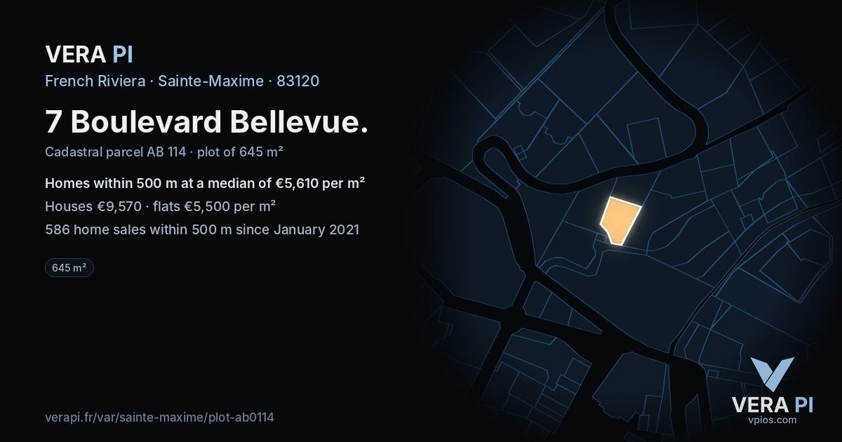 7 Boulevard Bellevue, Sainte-Maxime at night – the plot lit, the parcels around coloured by the prices near them