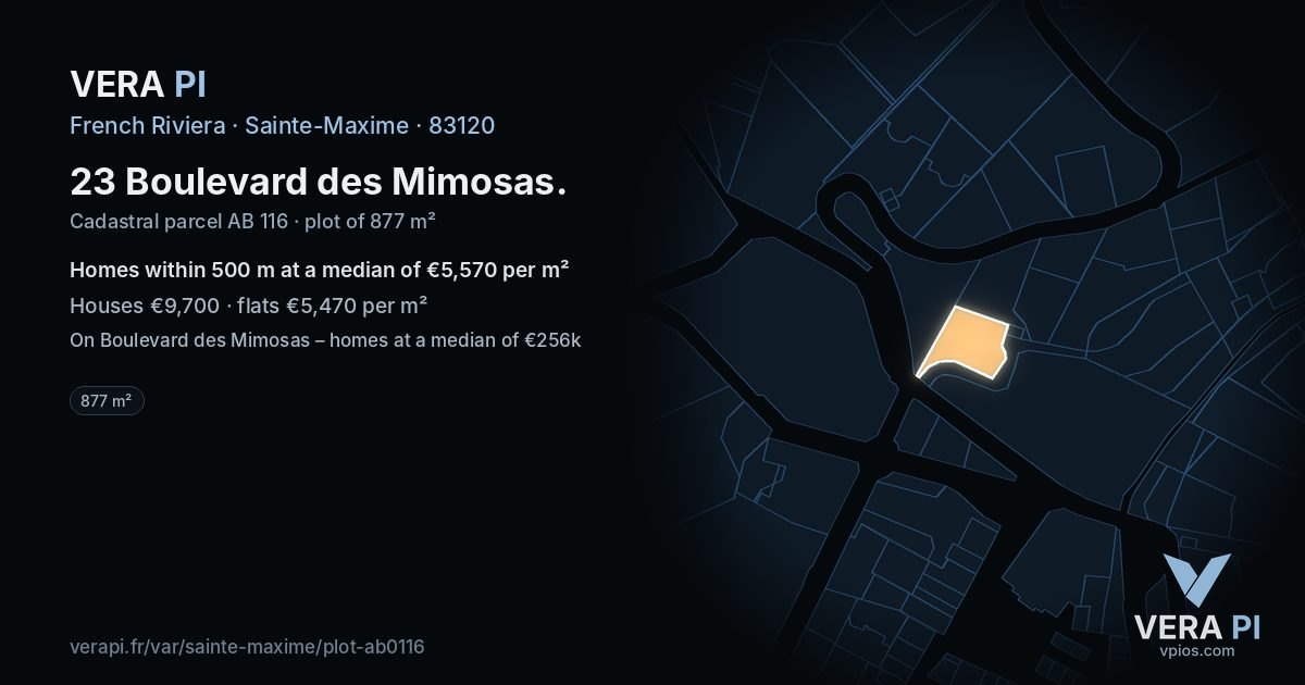 23 Boulevard des Mimosas, Sainte-Maxime at night – the plot lit, the parcels around coloured by the prices near them