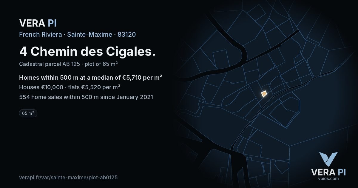 4 Chemin des Cigales, Sainte-Maxime at night – the plot lit, the parcels around coloured by the prices near them