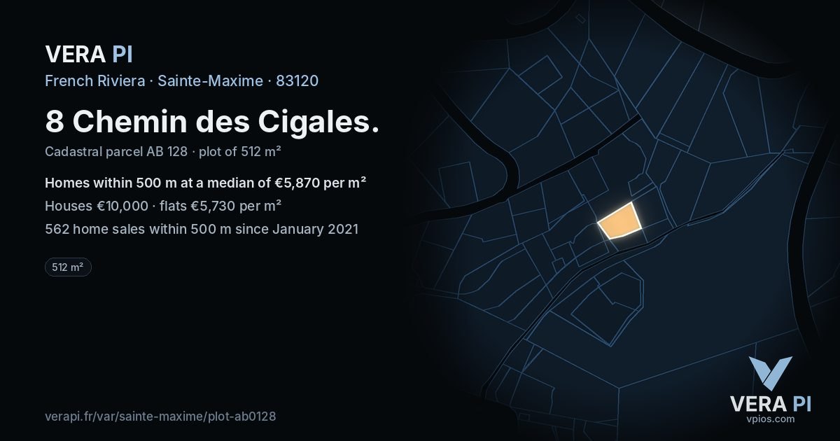 8 Chemin des Cigales, Sainte-Maxime at night – the plot lit, the parcels around coloured by the prices near them