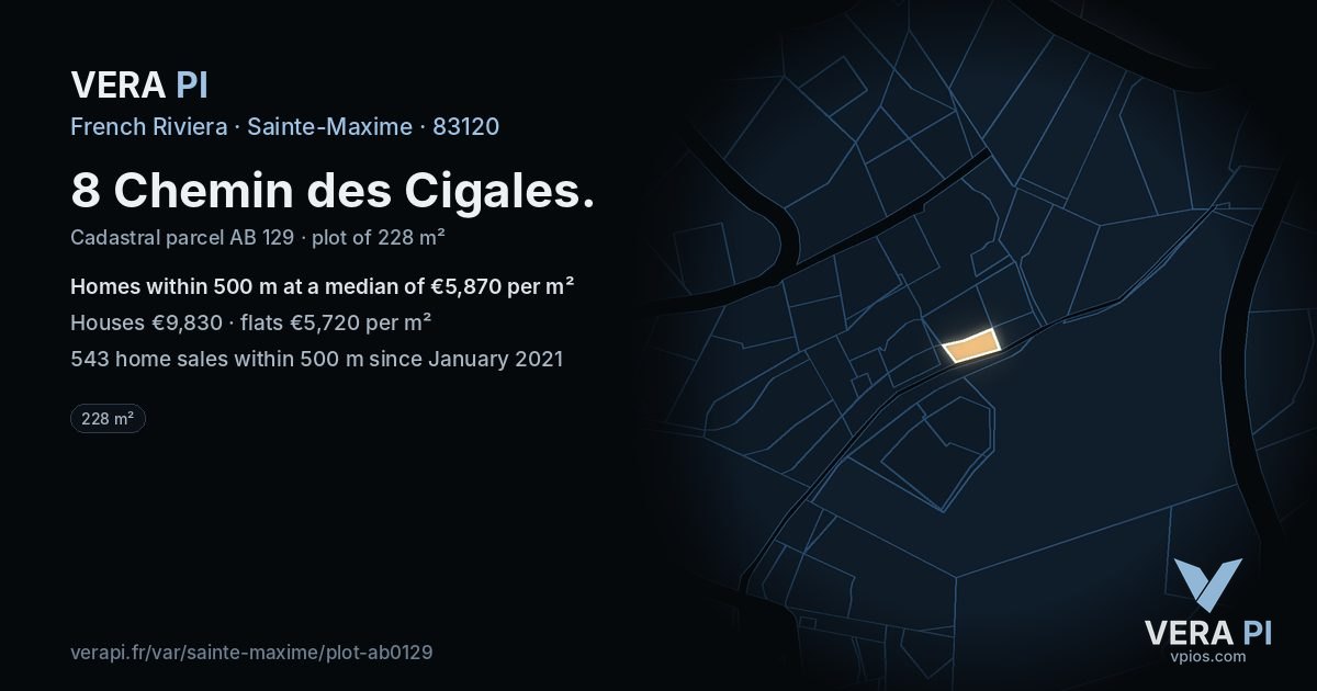 8 Chemin des Cigales, Sainte-Maxime at night – the plot lit, the parcels around coloured by the prices near them