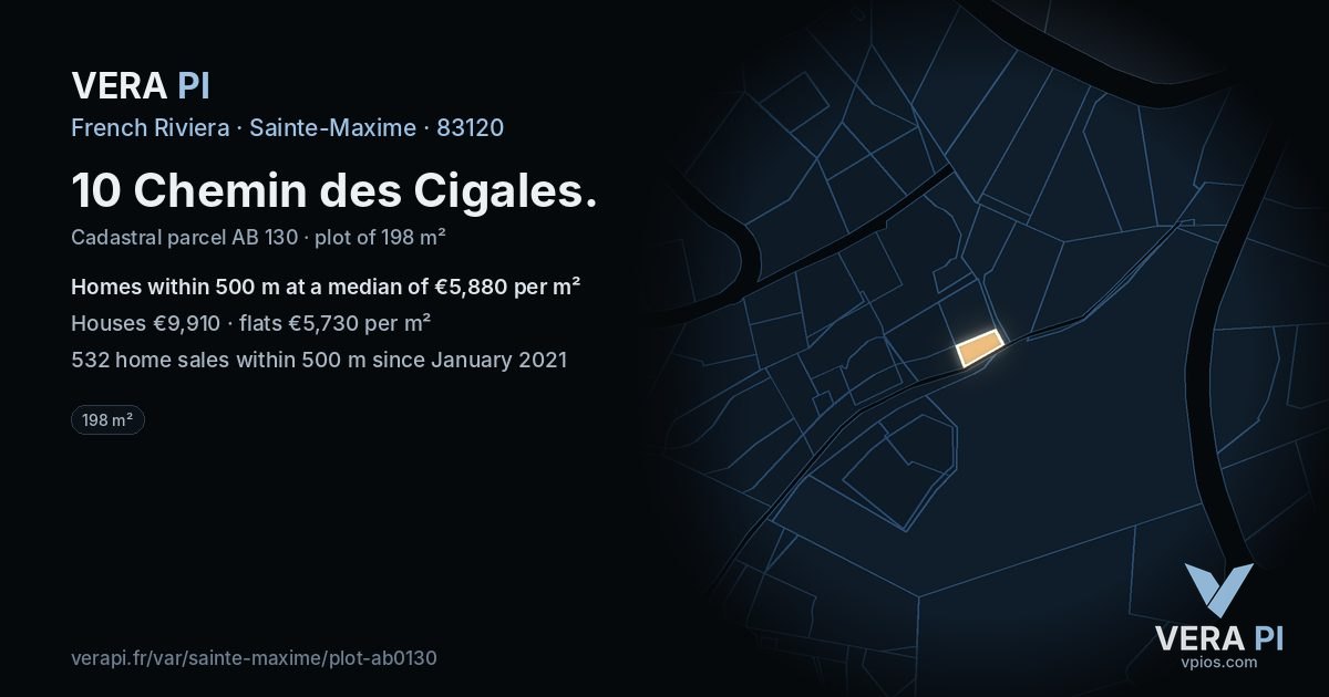 10 Chemin des Cigales, Sainte-Maxime at night – the plot lit, the parcels around coloured by the prices near them