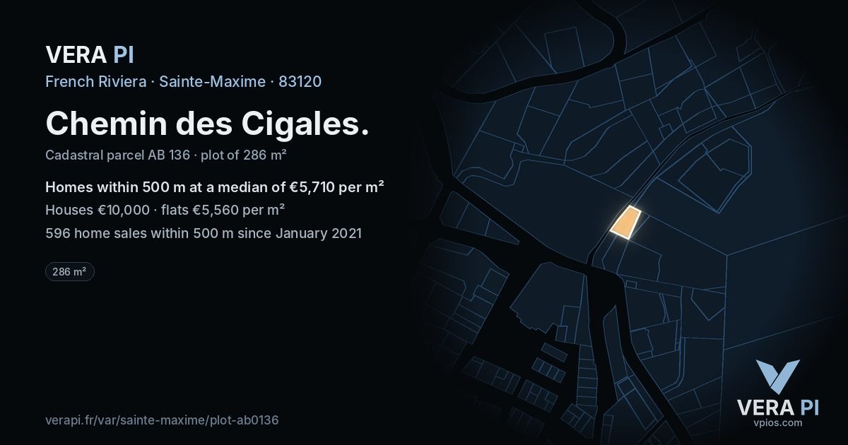 Chemin des Cigales, Sainte-Maxime at night – the plot lit, the parcels around coloured by the prices near them