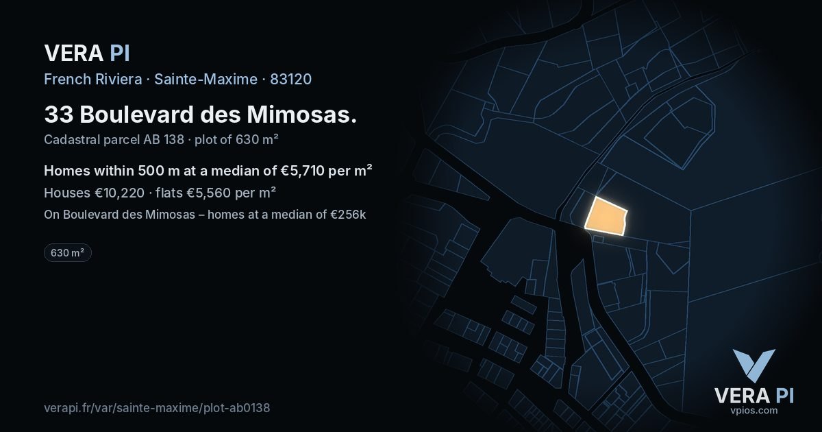 33 Boulevard des Mimosas, Sainte-Maxime at night – the plot lit, the parcels around coloured by the prices near them